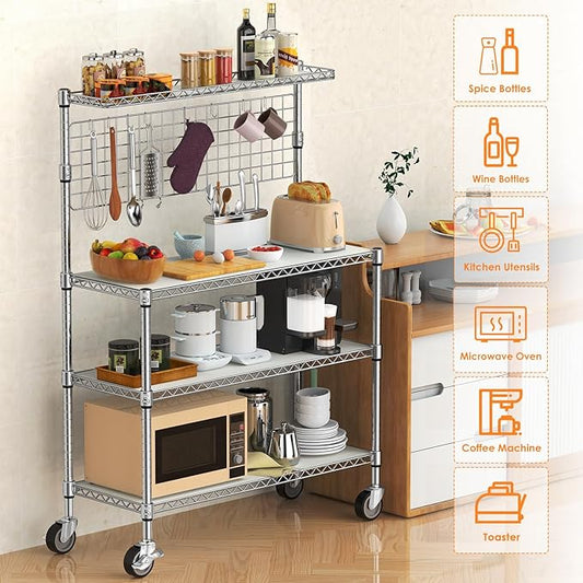 Leteuke Bakers Rack with Storage & Wheels, 42 Inch Microwave Stand Kitchen Shelves, 4-Tier Heavy Duty Storage Rack with 20 S-Hooks, Commercial Metal Utility Kitchen Cart, 42× 18× 63 Inch, Chrome