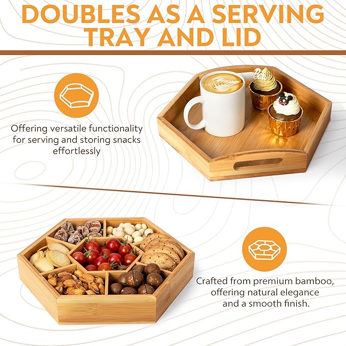 Snack Tray with Lid That Doubles as a Serving Tray – 13"x11" Bamboo Wooden Dry Fruit Tray for Nuts & Candy, Decorative Trays for Home Decor, Coffee Table or Ottoman Use (Bamboo, 13"x11")