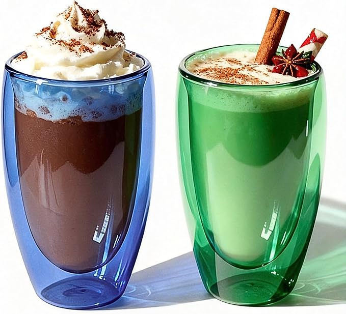 Double Wall Glass Cup 15oz Insulated Coffee Mug for Coffee Tasting Christmas Drinks Home Café Cozy Nights Holiday Gifts Set in Ocean Blue/Botanic Green