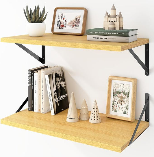 Deep Floating Shelves Wall Mounted, 24"x12" Oak Wall Shelves with Brackets Set of 2 for Bedroom, Living Room, Bathroom, Kitchen, Office - Storage & Display Shelf for Decor, Books, Plants
