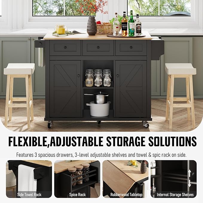 Kitchen Island with Storage on Wheels, 53" Large Rolling Kitchen Island with Drop Leaf, Mobile Kitchen Islands Cart with 3 Drawers 2 Cabinet, Open-Shelf, Islands Table (Black, 3 Drawers)