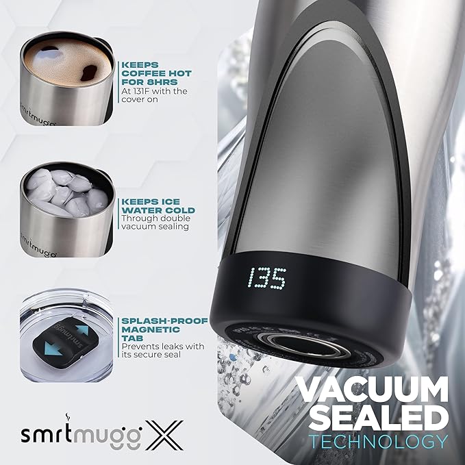 X Heated Coffee Mug 19 oz., 8 Hour Battery Life, Self-Heating, Adjustable Temp Controlled, LCD Screen, Includes Cover with Magnetic Slider (Black) (Stainless Steel)
