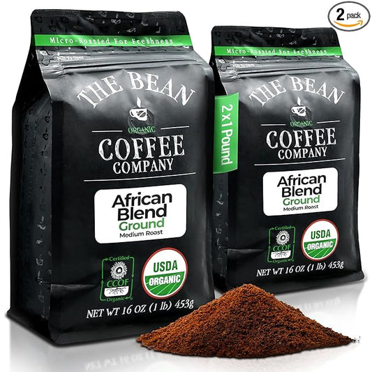 The Bean Organic Coffee Company African Blend, Medium Roast, Ground Coffee, 16-Ounce Bags (Pack of 2), Café molido tostado orgánico