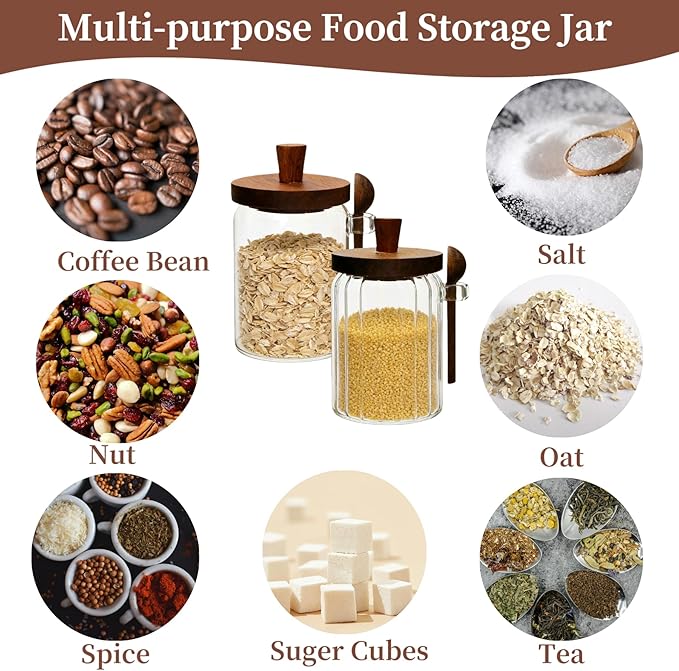 Sugar Bowl with Lid and Spoon,20 oz Sugar Container for Coffee Bar, Glass Coffee Canister, Airtight Food Storage Jar, Brown Sugar Container, Cereal Tea Salts Spice Jar (Flat)