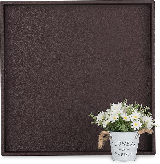 Hanobe Large Ottoman Serving Tray: Faux Leather Coffee Table Trays with Handles 22 Inch Square Extra Big Oversized Aesthetic Modern Brown Ottoman Topper for Living Room Parties Home