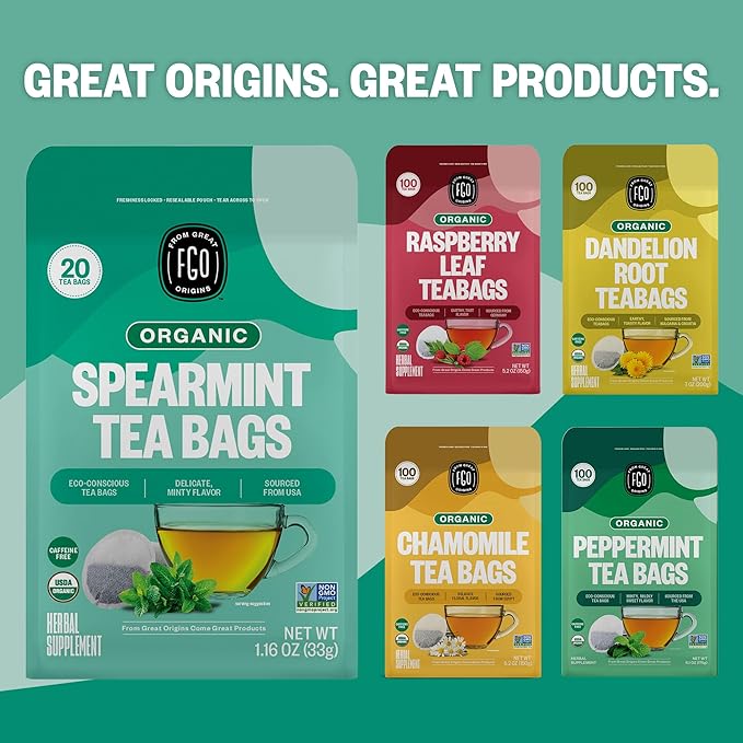FGO Organic Spearmint Leaf Herbal Tea, 40 Count, Eco-Conscious Tea Bags, Caffeine Free, (Pack of 1)