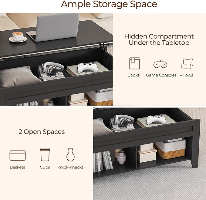 Yaheetech Black Wood Coffee Table Lift Top Coffee Table w/Hidden Storage & 2 Open Shelves for Living Room Reception Room Office, 39.5in L