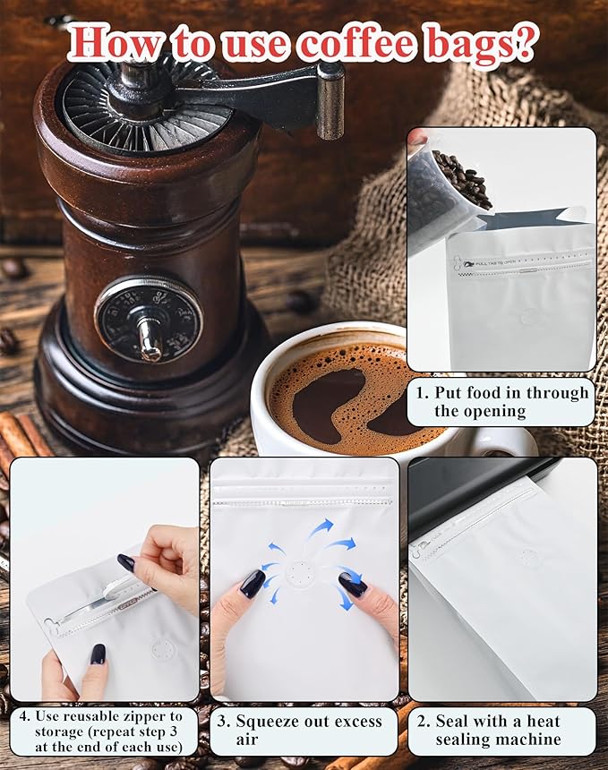 12mil Stand Up Coffee Bags, Flat Bottom Pouch with one-way Air Release Valve and Reusable Side Zipper(White, 100PCS-Large-2.2lb/32oz/1kg)