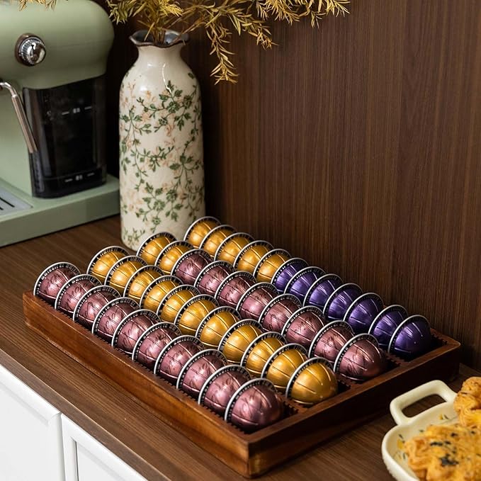 Acacia Wood Coffee Pod Holder Tray Compatible with Nespresso Vertuo, Pods Organizer Drawer Insert, Storage, Stand, Container, Capsule Holder for Coffee Bar Countertop, 40 Big or 60 Small Pods Capacity