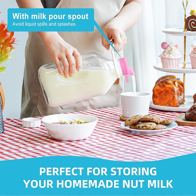 2 Pack 1/2 Gallon Glass Milk Bottles with Airtight Screw Lid & Handle & 2 Spouts - Heavy Duty Glass Water Bottles - Breastmilk Jug Pitcher with Scale Lines, Milk Container for Refrigerator Storage