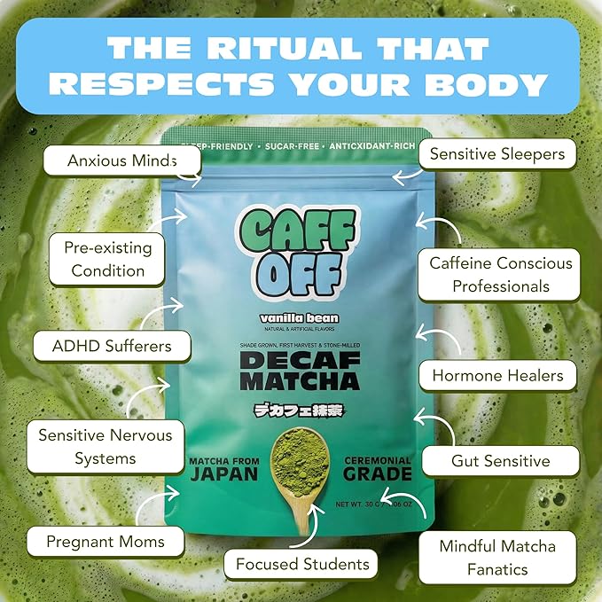 Caff Off Decaf Vanilla Matcha Green Tea Powder From Japan – 1.06 oz / 30 g - Ceremonial Grade & Sugar-Free – No Fillers or Milk Powders – Naturally Decaffeinated Without Chemicals – Tested for Heavy Metals – First Harvest, Shade-Grown & Caffeine-Free M...