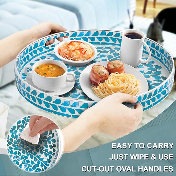 MAONAME Blue Decorative Tray, 13" Round Serving Tray with Handles, Leaf Pattern Sticker Trays for Coffee Table, Plastic Trays for Living Room, Bedroom