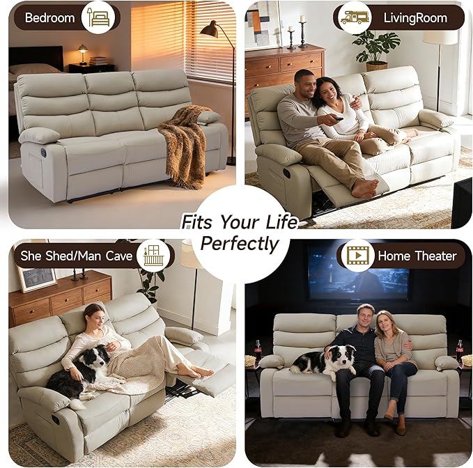 3 Seater Recliner Sofa Set, Anti-Scratch Reclining Loveseat Sofa & Couch for Living Room, RV, Home Theater Apartment(Beige, 3 Seater Sofa)