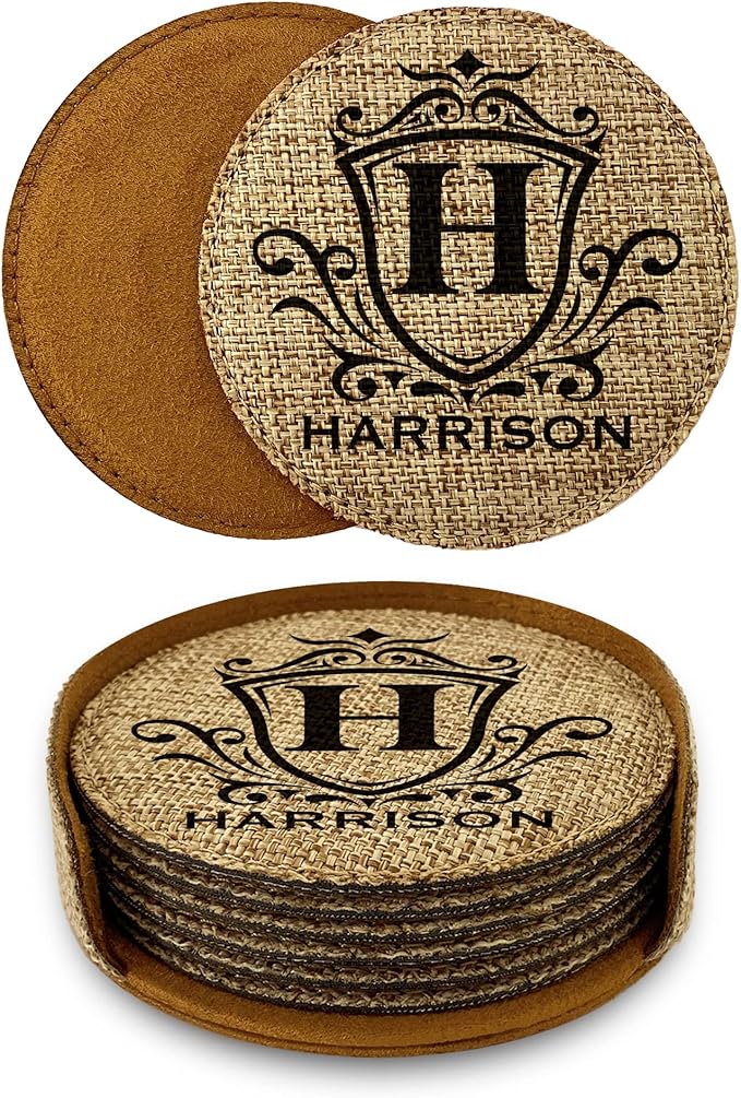 Smile Art Design Family Personalized Monogram Coaster Set of 6 with Base Round Burlap Material Family Name Personalized Prints House Warming Wedding Gift Dining Room Kitchen Rustic Decor Style4