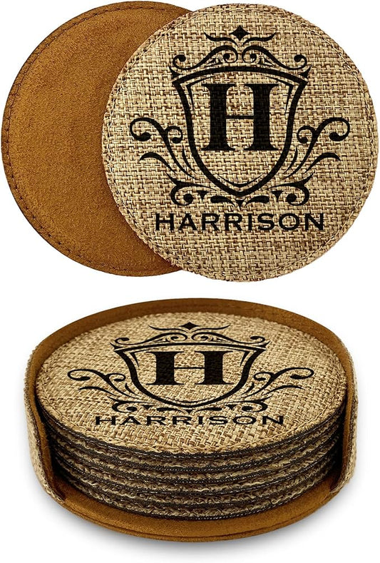 Smile Art Design Family Personalized Monogram Coaster Set of 6 with Base Round Burlap Material Family Name Personalized Prints House Warming Wedding Gift Dining Room Kitchen Rustic Decor Style4