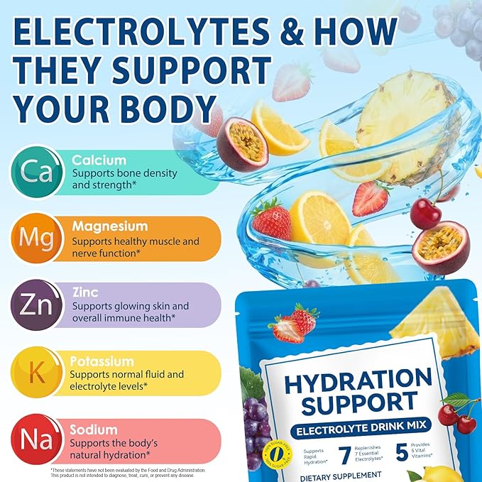 Electrolytes Powder Packets, Hydration Powder Drink Mix - 7 Essential Electrolytes, 5 Vitamins for Hydration & Nutrients Replenishment, Vitality Support, Sugar Free - 24 Packets/6 Flavors