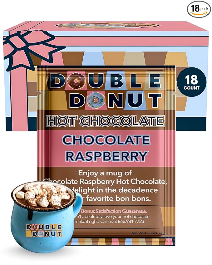 Double Donut Coffee Double Donut Raspberry Hot Chocolate, Flavored Hot Chocolate Packets, Hot Cocoa Mix, 18 Count