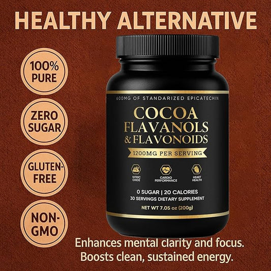 High Flavanol Cocoa Powder - Premium Supplement for Heart Health & Nitric Oxide Support with Theobromine, Magnesium & Natural Flavonoids, Antioxidant Rich, Sugar Free, Vegan, Non-GMO - 7.05 oz (1)