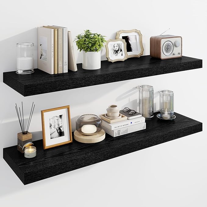 Marsmiles 40" Floating Shelves for Wall, Wooden Shelves with Invisible Brackets Set of 2, Rustic Farmhouse Wall Mounted Shelf for Kitchen Bathroom Living Room Study, Black