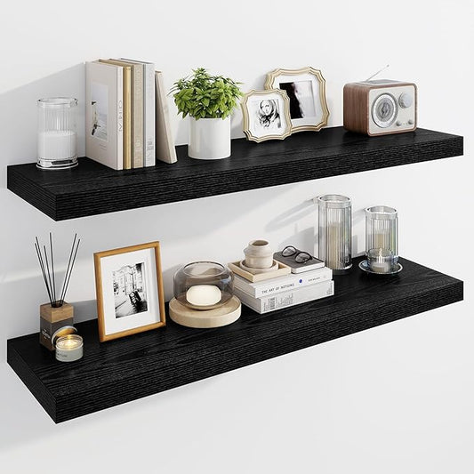 Marsmiles 40" Floating Shelves for Wall, Wooden Shelves with Invisible Brackets Set of 2, Rustic Farmhouse Wall Mounted Shelf for Kitchen Bathroom Living Room Study, Black