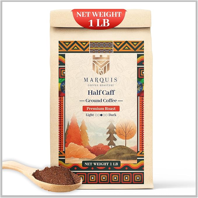 Marquis - Half Caff Ground Coffee, Rich Blend of Half Ethiopian Yirgacheffe & Colombian Decaf Ground Coffee, Fresh Dark Roast Coffee with a Fruity Flavor, Premium Half Caff - 1 lb