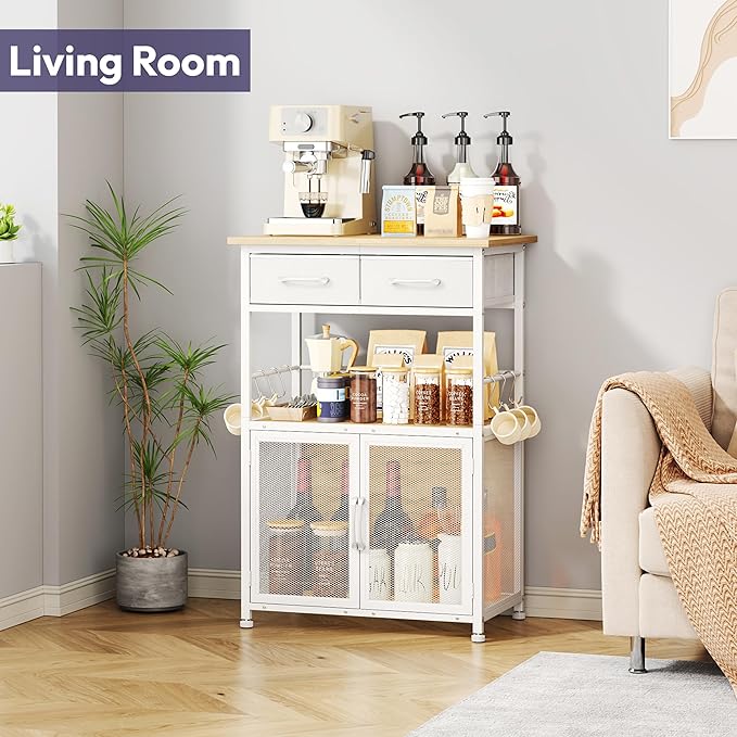 SWTYMIKI Coffee Bar Cabinet with Drawer - 20.47" Coffee Stand Station with Removable Hooks, Buffet Cabinet for Coffee Maker or Microwave, Kitchen Bar Table Storage Organizer, Natural