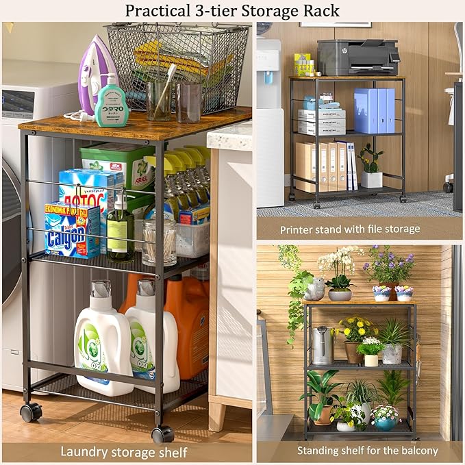 Rolling Kitchen Microwave Cart, 3 Tier Microwave Table Stand with Storage, Kitchen Utility Cart on Lockable Wheels, Small Coffee Cart Shelf Rack Organizer for Living Room Office, Balcony