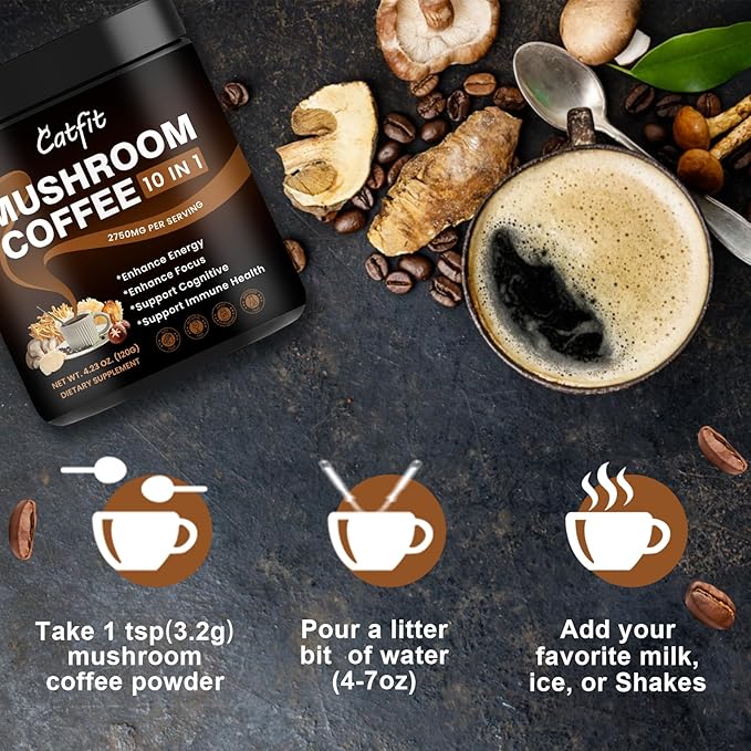 Catfit Instant Mushroom Coffee Powder, 10-in-1 Adaptogen Blend with Lion's Mane, Chaga & Cordyceps for Energy, Focus, Gut Health & Immune Support - 240g, 75 Servings