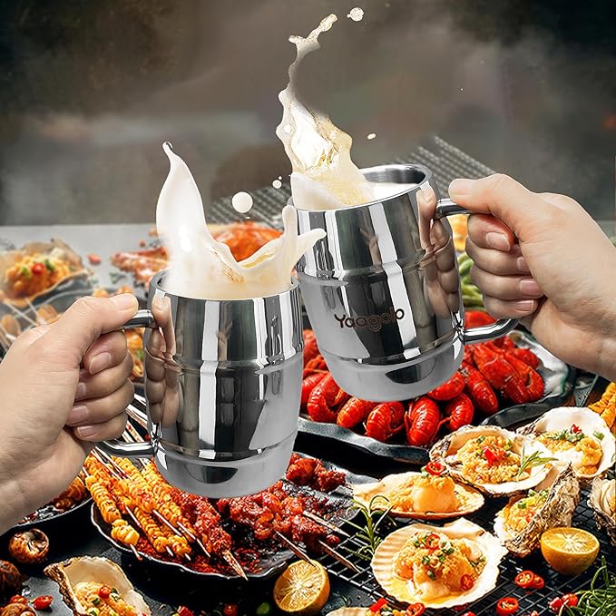 Beer Mug, 14oz Double Wall Stainless Steel Beer Stein with Handle, Insulated Stein Mug for Cold Drinks, Hot Coffee, Milk, Shatterproof Cups for Men Women, Gift for Beer Lovers