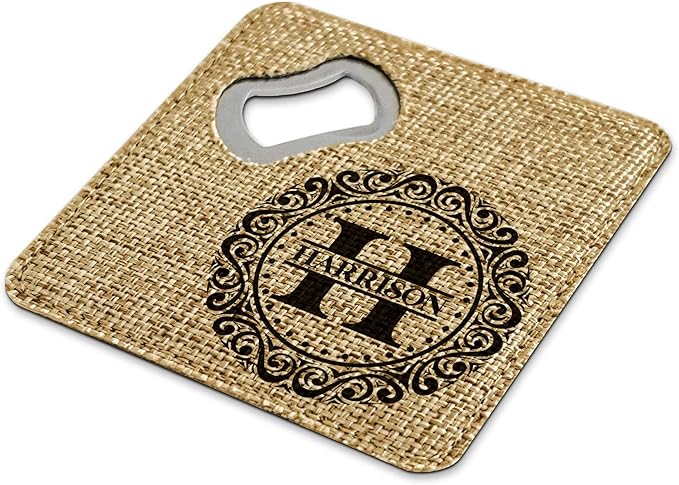 Smile Art Design Family Monogram Custom Coaster Bottle Opener Burlap Material Family Name Personalized Prints Personalized Gift House Warming Wedding Gift Coffee Table Rustic Decor Style5