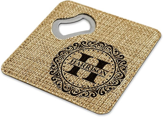 Smile Art Design Family Monogram Custom Coaster Bottle Opener Burlap Material Family Name Personalized Prints Personalized Gift House Warming Wedding Gift Coffee Table Rustic Decor Style5