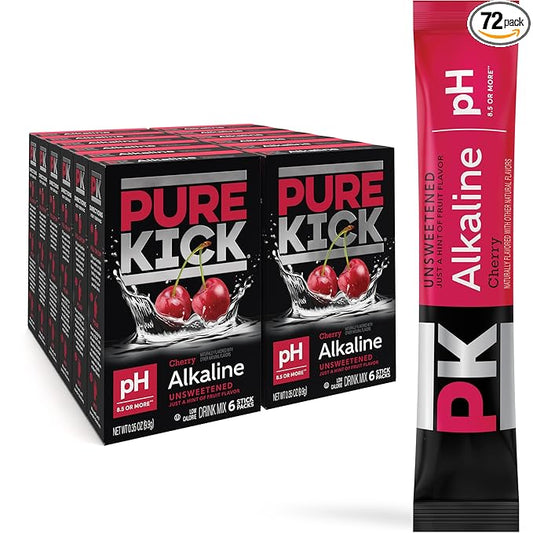 Pure Kick Alkaline pH 8.5 or Higher Cherry Powdered Drink Mix Packets, Unsweetened with a Hint of Flavor -, 72 Total Packets (12 Boxes, 6 Each), Singles to Go!