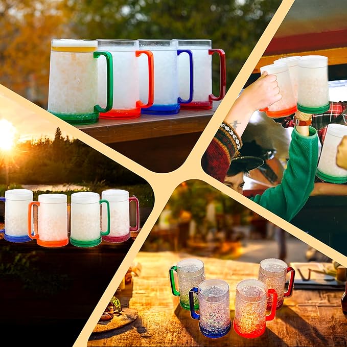 Lily's Home Freezer Beer Mugs, Set of 4-16oz Double Wall Gel-Filled Acrylic Frosty Stein, Break-Resistant with Color-Coded Handles for Home Bar, Pool Parties, BBQ & Outdoor Gifts