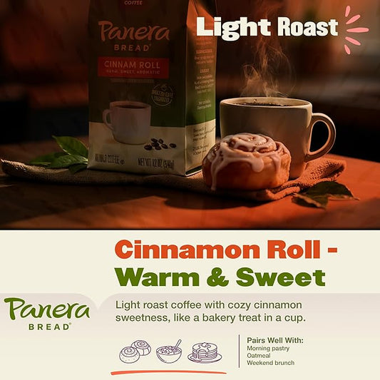Panera Coffee Cinnamon Roll Ground Coffee, 100% Arabica Medium Roast, Bakery-Inspired Flavor, No Artificial Ingredients, 12oz Bag for Home Brewing
