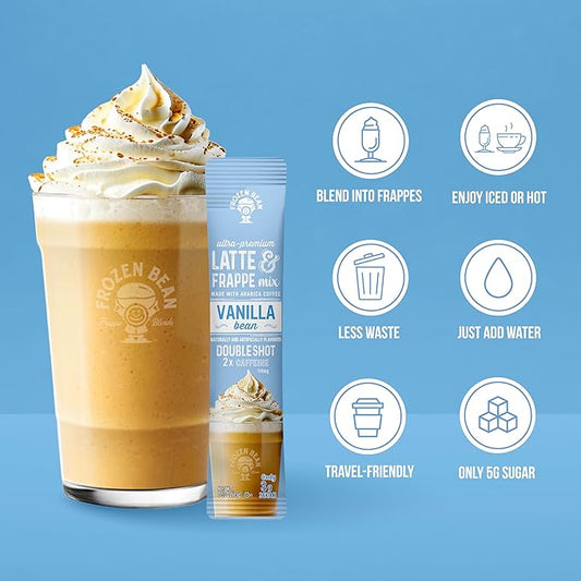The Frozen Bean Vanilla Bean Frappe & Latte Instant Mix (10 Sticks), Made with Arabica Coffee, Double Shot Caffeine, Low Sugar & Premium Ingredients, Hot, Iced, or Blended Drinks