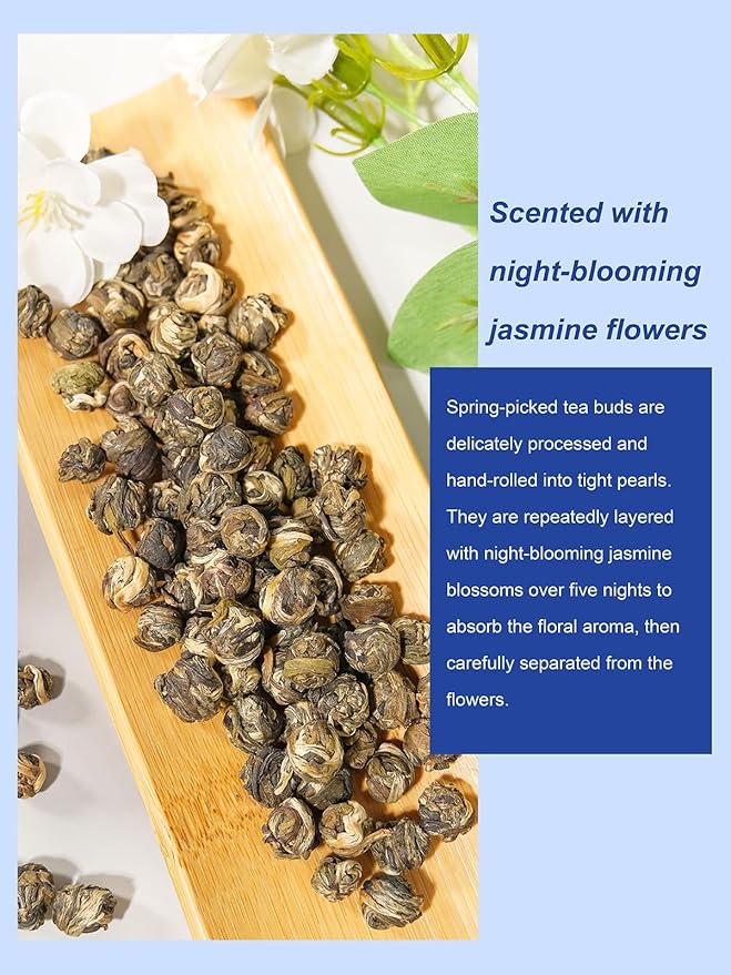 TeeLux Jasmine Pearls Green Tea, Handrolled Green Tea Loose Leaf with Delightful Aroma, Natural Jasmine Pearl Tea, 4 Ounce