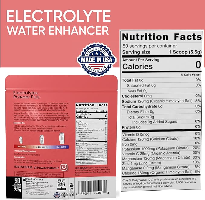 PowderVitamin Electrolytes Powder Plus (50 Servings) Guava Kiwi Electrolyte Powder Zero Calorie Keto, 0 Sugar, No Maltodextrin,1000mg Potassium,120mg Calcium,120mg Magnesium, Hydration Powde
