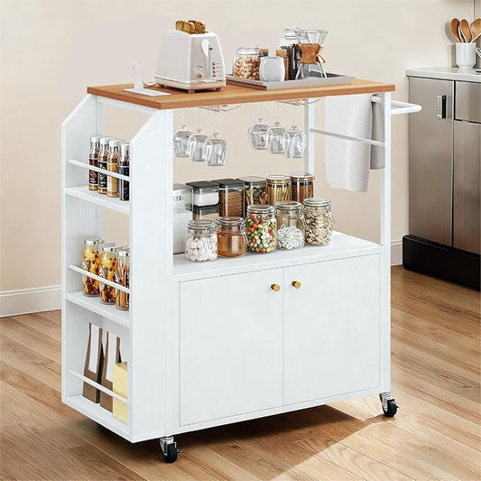YITAHOME Kitchen Island Cart with Power Outlet, 36 Inch Mobile Kitchen Cart with Open Shelves, Rolling Portable Serving Utility Carts on Wheels with Storage for Kitchen, Dining Room, White