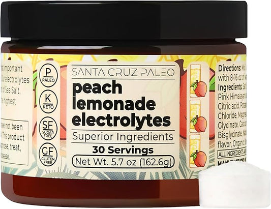 Santa Cruz Paleo Electrolyte Powder, Peach Lemonade Flavor, Sugar Free Hydration Drink Mix with Himalayan Pink Salt, Sea Salt, Magnesium Glycinate, Potassium Chloride, Sweetened with Stevia, 30 Srvgs