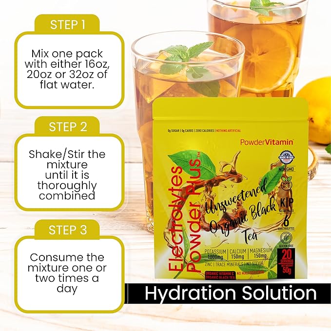 PowderVitamin Electrolytes Powder Plus (20 Servings) Unsweetened Black Tea Electrolyte Powder Keto,SugarFree, Pink Himalayan Salt,1000mgPotassium,150mgCalcium,150mgMagnesium,Hydration Powder NO STEVIA