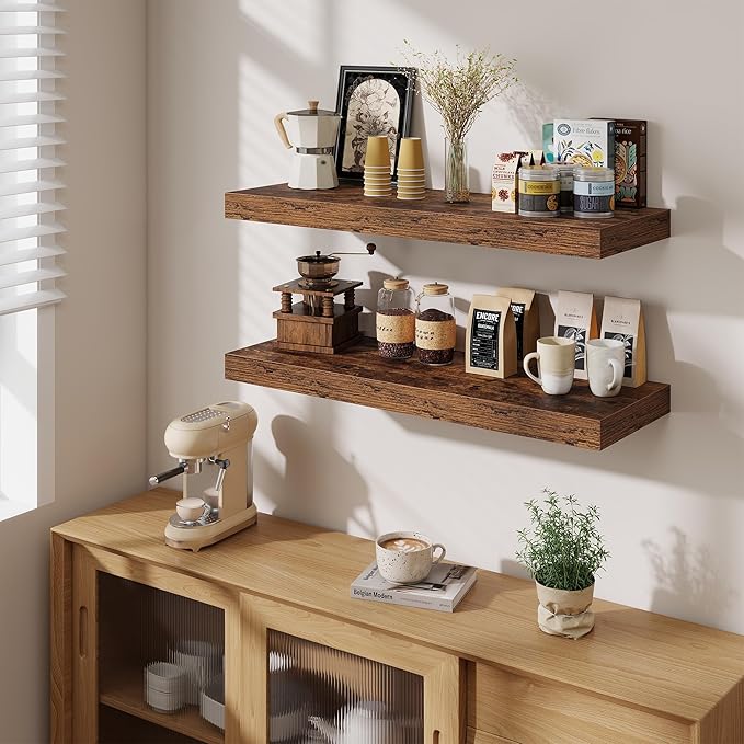 Fun Memories 12" Deep Floating Shelves for Wall, 36" W x 12" D Floating Shelves, Long Wood Floating Wall Shelf for Living Room Bathroom Bedroom Kitchen, Rustic Brown, Set of 2
