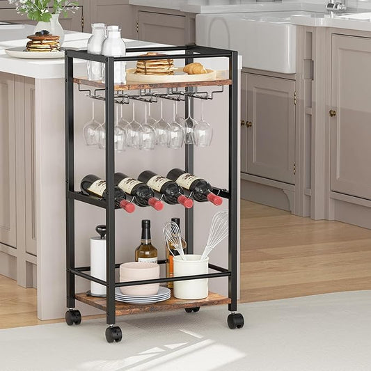 Bar Cart, Home Bar Serving Cart, Mobile Kitchen Carts with Wheels, Small Rolling Cart with Wine Rack and Glass Holders, Rolling Beverage Cart for Kitchen, Dining Room, Living Room, Rustic Brown