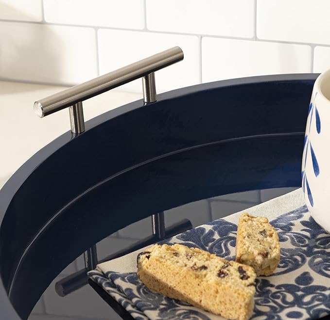 Kate And Laurel Lipton Modern Round Tray; 15.5 Diameter; Navy and Silver; Decorative Accent Tray for Storage and Display