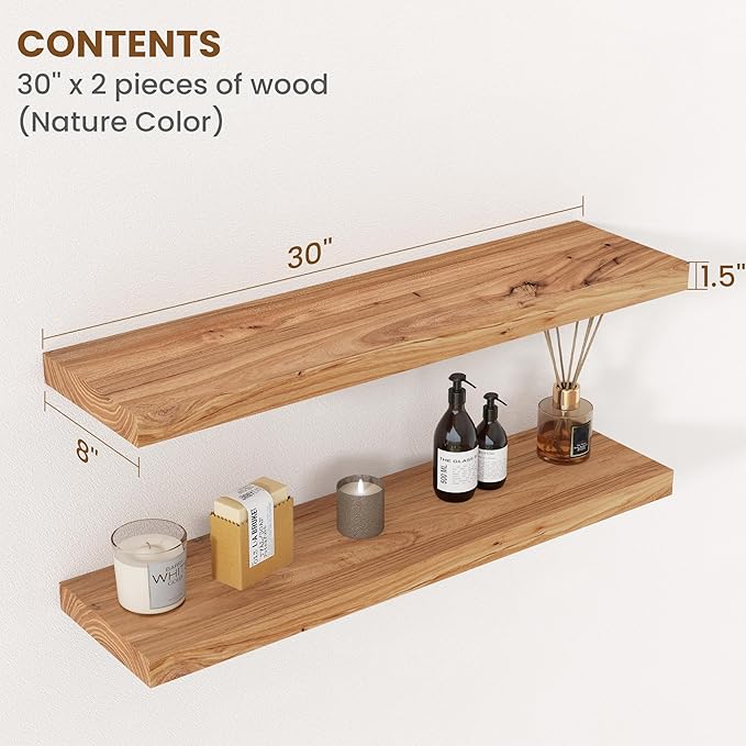 Floating Shelves for Wall Decor, 8" Deep Rustic Solid Elm Wood Floating Shelves Wall Mounted, Wall Shelves with Invisible Bracket for Living Room Bathroom Bedroom Kitchen, 30 Inch Set of 2, Natural