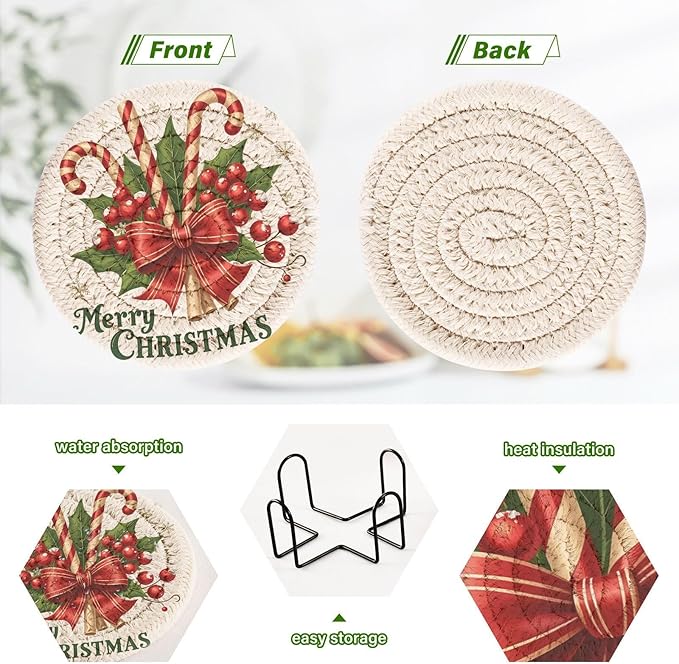 Christmas Coasters with Holder Merry Christmas Bow Candy Holly Canes Coasters Set of 6 Cotton Woven Absorbent Cup Coaster Xmas Holiday Party Table Decor 4 Inches