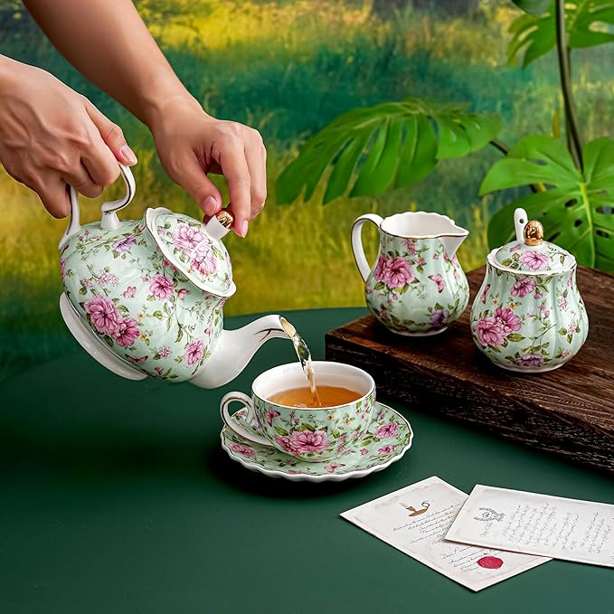 Ceramic Sugar and Creamer Set, 3 Piece Set with Cream Pitcher, Sugar Bowl, Sugar Set with Lid and Spoon (Green)