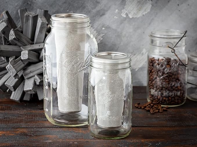 Brewing America Cold Brew Filter for Mason Jar Wide Mouth Coffee Maker, UPGRADED Stainless Steel Mesh with Silicone Seals 2 Quart (64 Ounces)