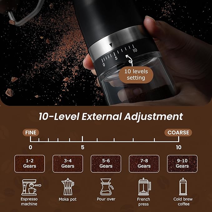 VEVOK CHEF Manual Coffee Grinder 10 External Adjustment Fashion Bean Grinder Stainless Steel Double Bearing Conical Burr Portable Hand Coffee Mill for Home,Camping,Silver