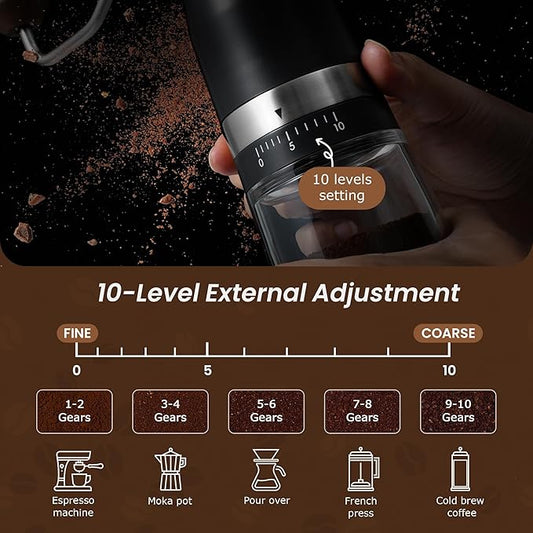 VEVOK CHEF Manual Coffee Grinder 10 External Adjustment Fashion Bean Grinder Stainless Steel Double Bearing Conical Burr Portable Hand Coffee Mill for Home,Camping,Silver