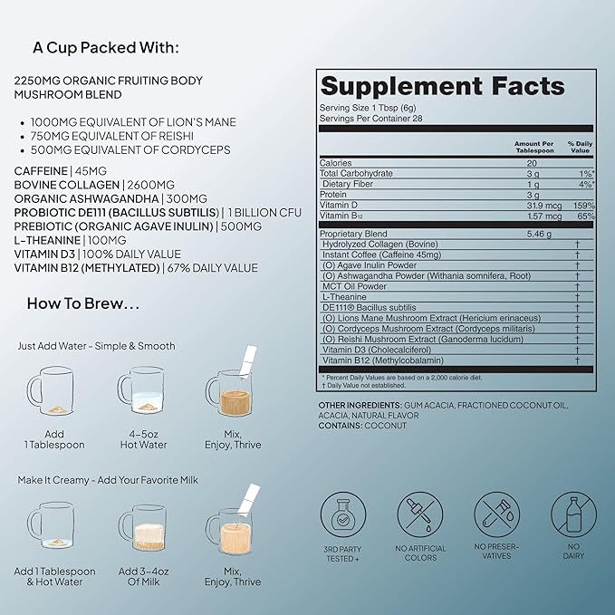 Atlas+ Coffee Superblend– Premium Mushroom Coffee with Collagen, Probiotics, D3 & B12, Lion’s Mane, Reishi, Cordyceps– for Energy, Focus, Immunity & Gut Health– 28 Servings (1 Bag)